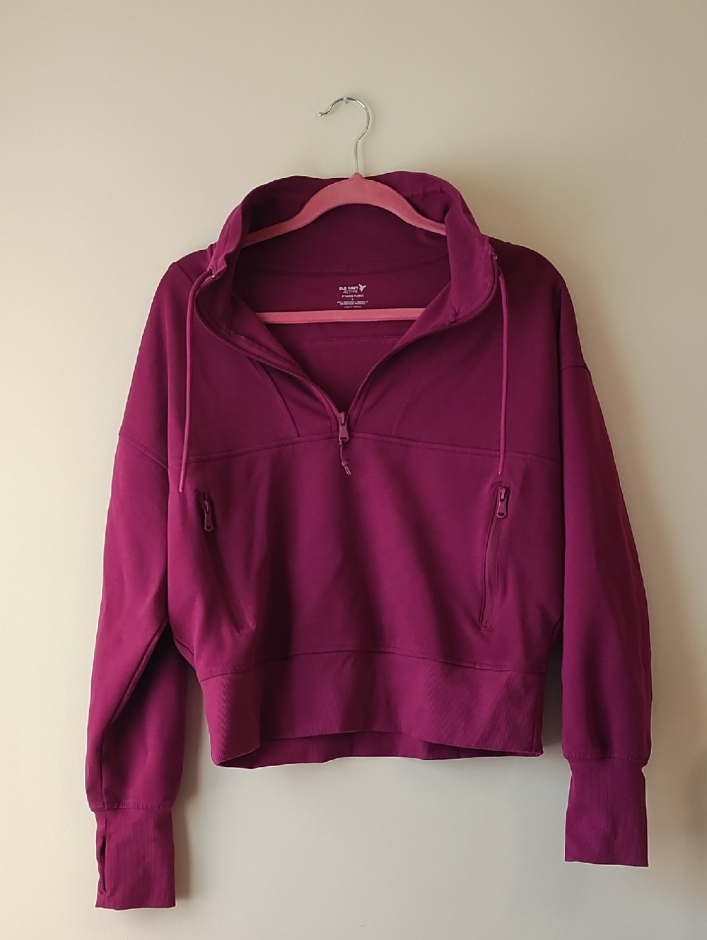 Old Navy Plum Dynamic Cropped Fleece, Half Zip Pullover, Thumb Holes